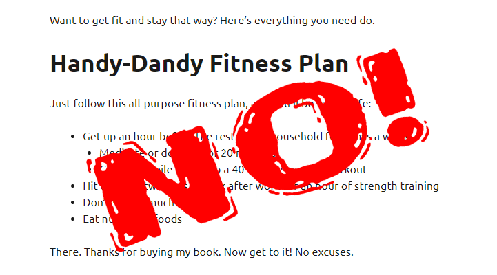 Screen shot of the Handy-Dandy Fitness Plan, with a big red "NO!" stamped over it at an angle.